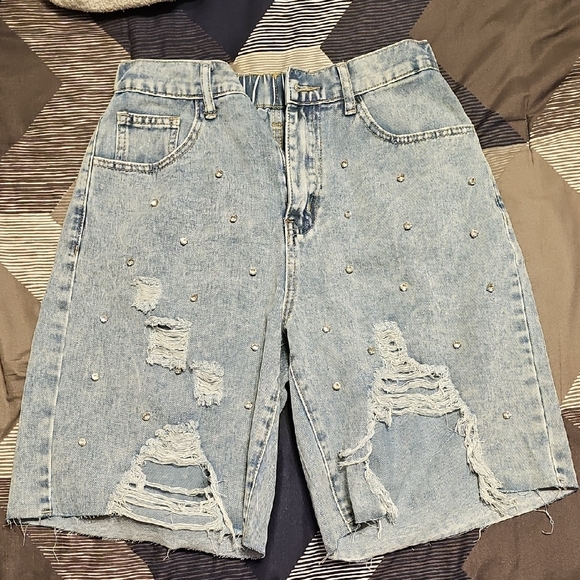 SHEIN Pants - SHEIN High Rise Rhinestone Distressed Denim Shorts Sz 28